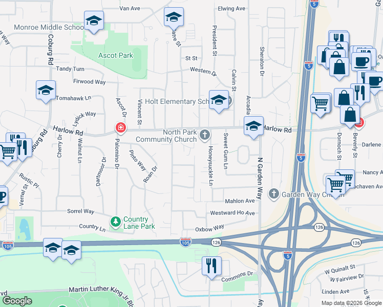 map of restaurants, bars, coffee shops, grocery stores, and more near 554 Fenster Street in Eugene