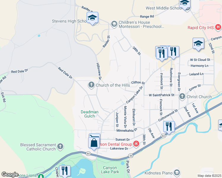 map of restaurants, bars, coffee shops, grocery stores, and more near 4021 Yucca Drive in Rapid City