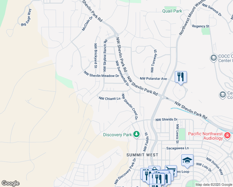 map of restaurants, bars, coffee shops, grocery stores, and more near 2948 Northwest Wild Meadow Drive in Bend