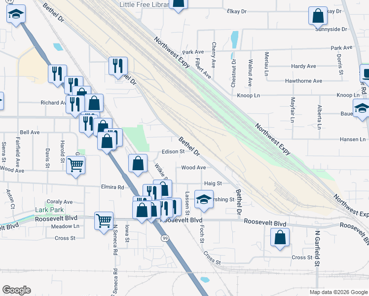 map of restaurants, bars, coffee shops, grocery stores, and more near 610 Bethel Drive in Eugene