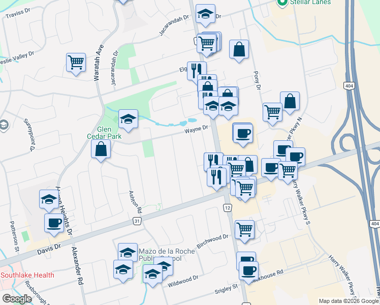map of restaurants, bars, coffee shops, grocery stores, and more near 86 Hamilton Drive in Newmarket