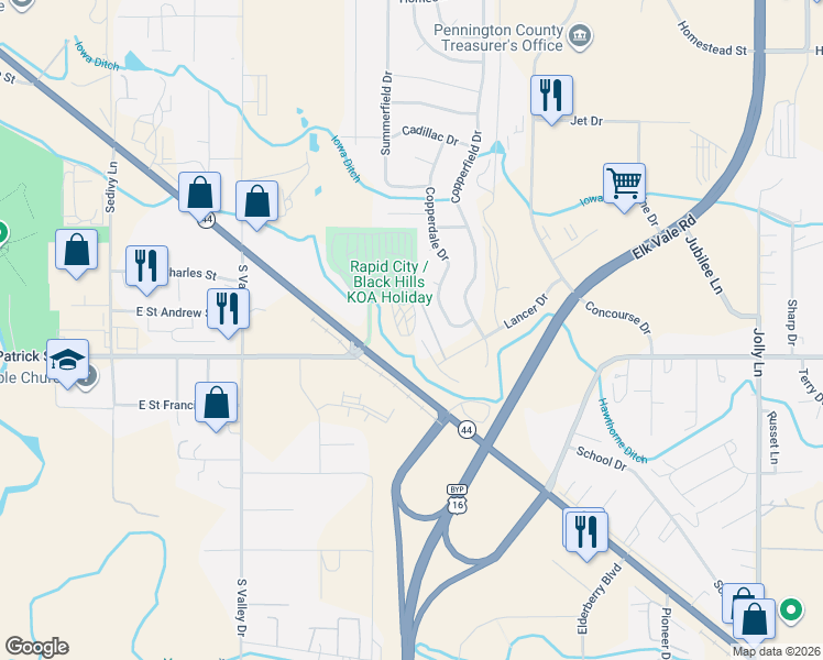 map of restaurants, bars, coffee shops, grocery stores, and more near 2001 Lancer Drive in Rapid City