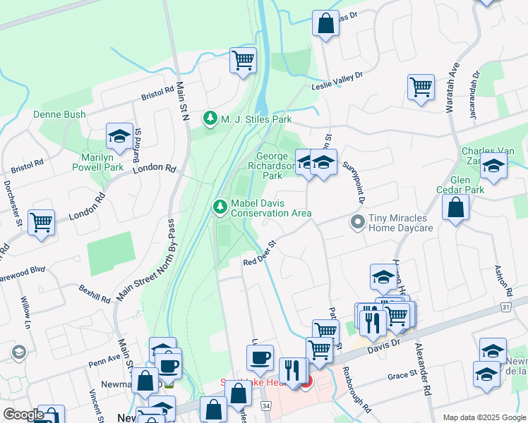 map of restaurants, bars, coffee shops, grocery stores, and more near 675 Mountview Place in Newmarket