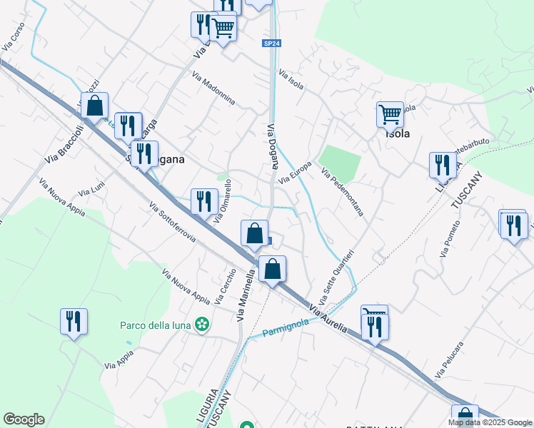 map of restaurants, bars, coffee shops, grocery stores, and more near 39 Via Dogana in Casano