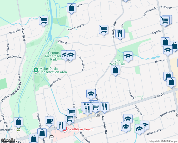 map of restaurants, bars, coffee shops, grocery stores, and more near in Newmarket