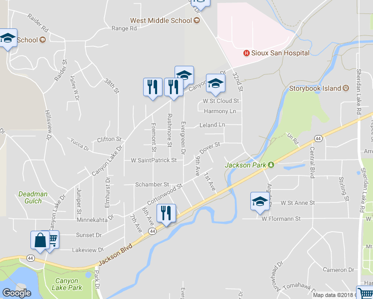 map of restaurants, bars, coffee shops, grocery stores, and more near 1814 Evergreen Drive in Rapid City