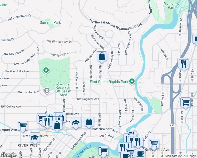 map of restaurants, bars, coffee shops, grocery stores, and more near 2214 Northwest 5th Street in Bend