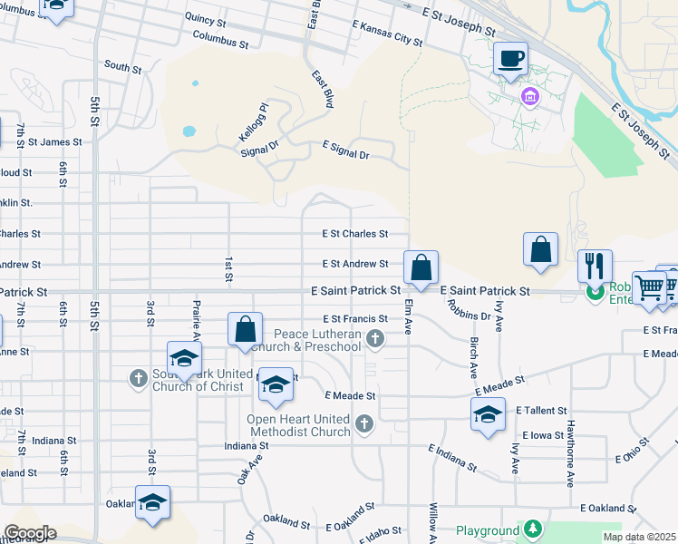 map of restaurants, bars, coffee shops, grocery stores, and more near 135 East Saint Andrew Street in Rapid City