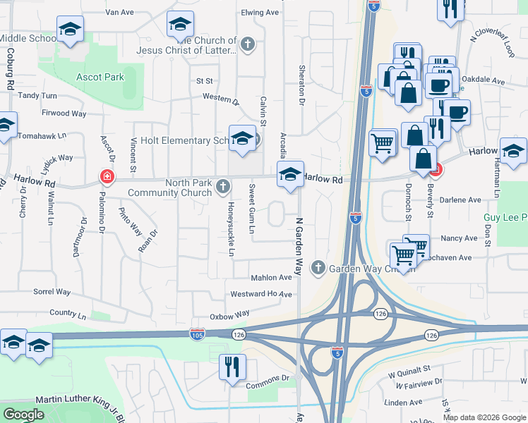 map of restaurants, bars, coffee shops, grocery stores, and more near 3759 Keeler Avenue in Eugene