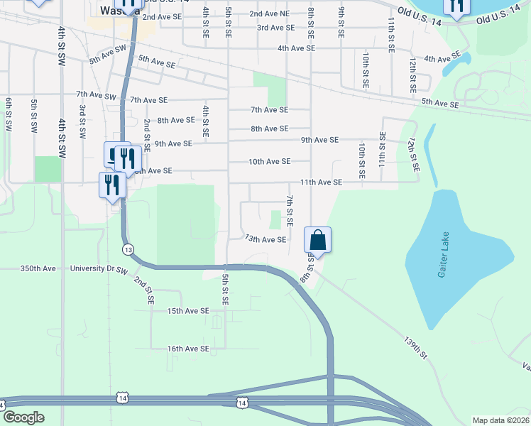 map of restaurants, bars, coffee shops, grocery stores, and more near 612 12th Avenue Southeast in Waseca