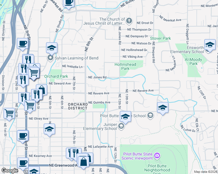 map of restaurants, bars, coffee shops, grocery stores, and more near 1851 Northeast Ellamae Place in Bend
