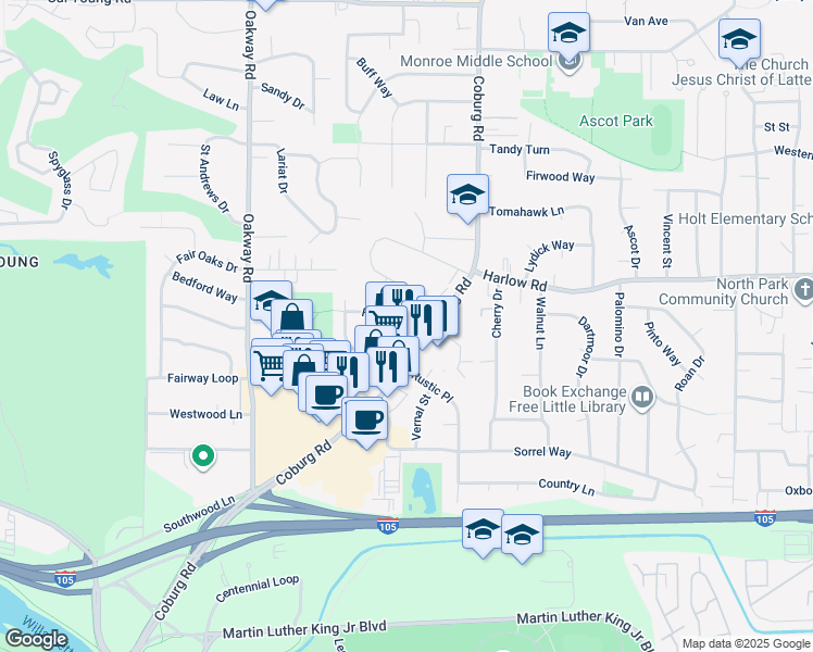 map of restaurants, bars, coffee shops, grocery stores, and more near 2515 Frontier Drive in Eugene