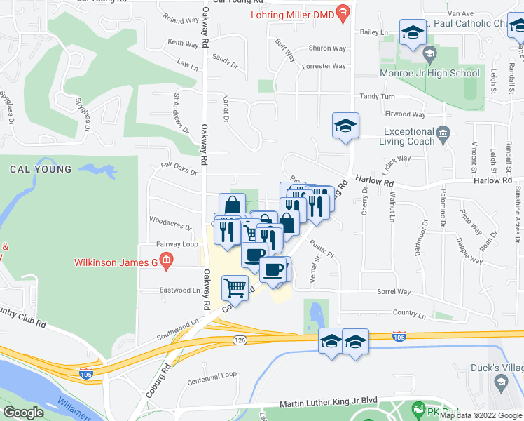 map of restaurants, bars, coffee shops, grocery stores, and more near 515 Antelope Way in Eugene