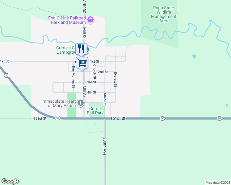 map of restaurants, bars, coffee shops, grocery stores, and more near 400 Everett Street in Currie
