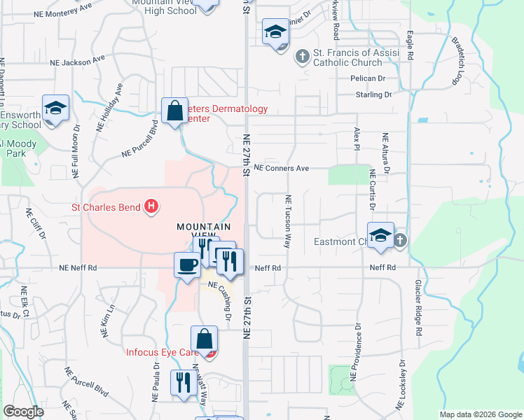 map of restaurants, bars, coffee shops, grocery stores, and more near 1840 Northeast Wichita Way in Bend