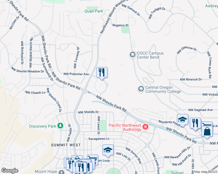 map of restaurants, bars, coffee shops, grocery stores, and more near 2555 NW Shevlin Park Rd in Bend