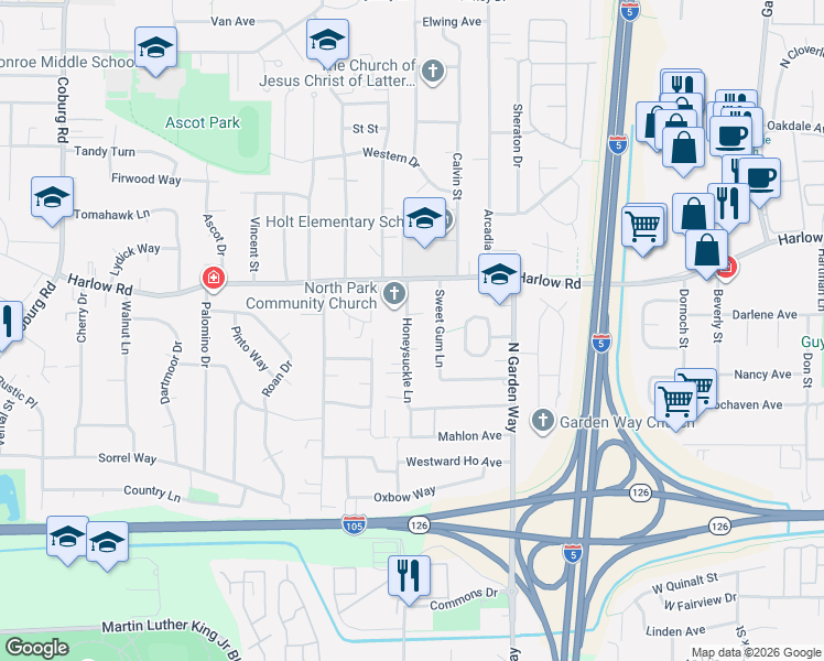 map of restaurants, bars, coffee shops, grocery stores, and more near 561 Honeysuckle Lane in Eugene