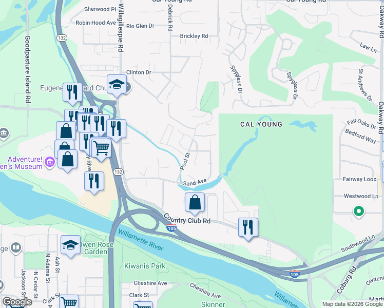 map of restaurants, bars, coffee shops, grocery stores, and more near 1312 Trap Lane in Eugene