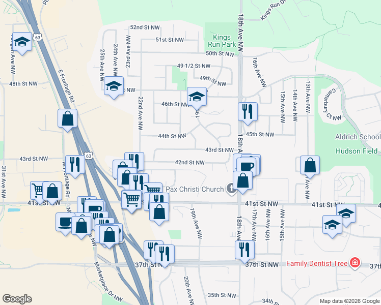 map of restaurants, bars, coffee shops, grocery stores, and more near 2008 43rd Street Northwest in Rochester