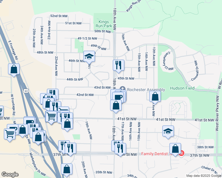 map of restaurants, bars, coffee shops, grocery stores, and more near 1800 43rd Street Northwest in Rochester