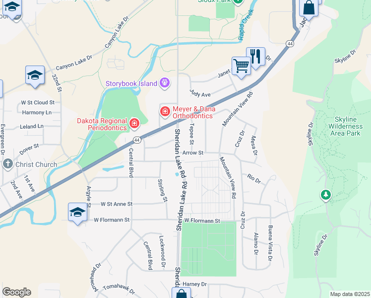 map of restaurants, bars, coffee shops, grocery stores, and more near 2510 Arrow Street in Rapid City