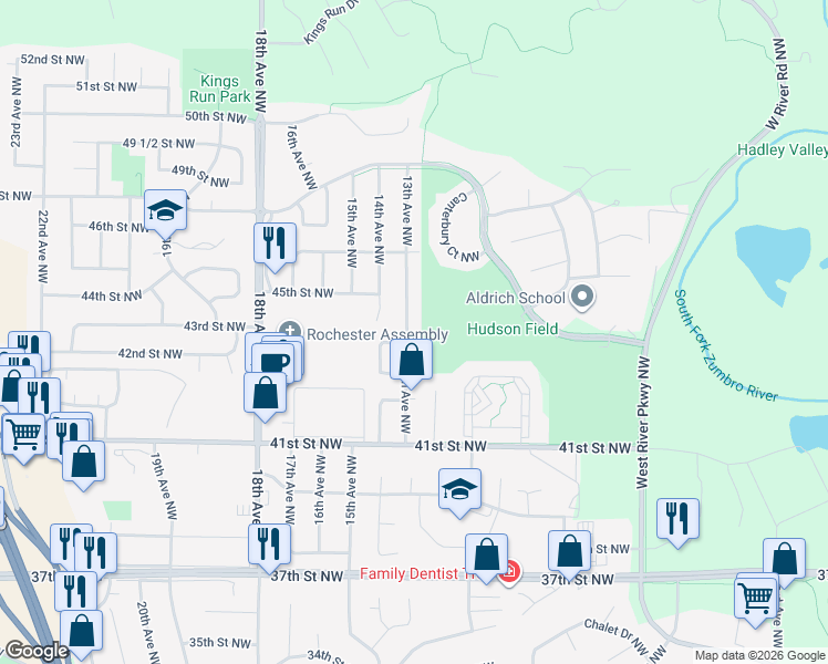 map of restaurants, bars, coffee shops, grocery stores, and more near 4410 13th Avenue Northwest in Rochester