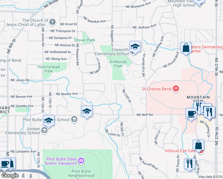 map of restaurants, bars, coffee shops, grocery stores, and more near 1807 Northeast Shadowcrest Way in Bend