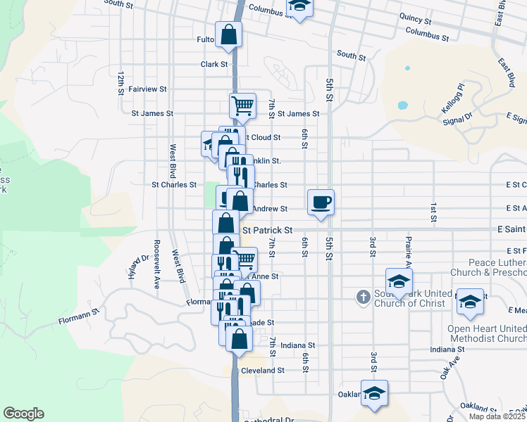 map of restaurants, bars, coffee shops, grocery stores, and more near 634 Saint Andrew Street in Rapid City