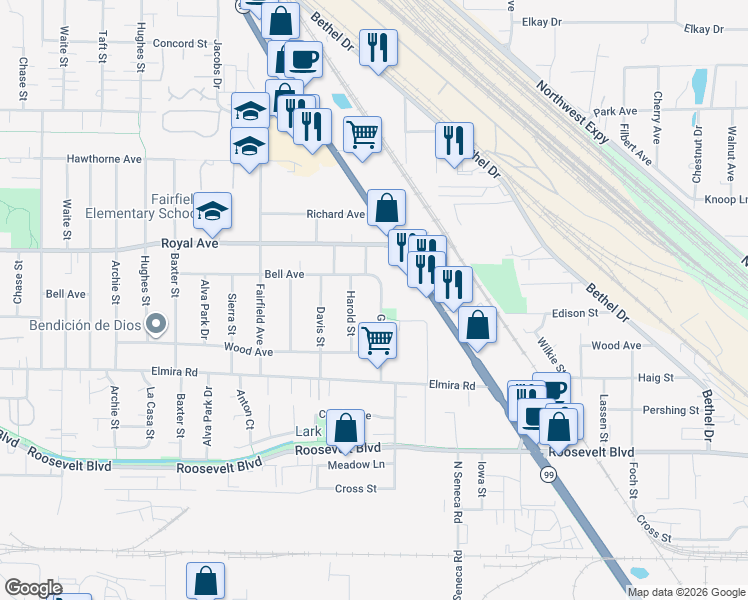 map of restaurants, bars, coffee shops, grocery stores, and more near 650 Gilbert Street in Eugene