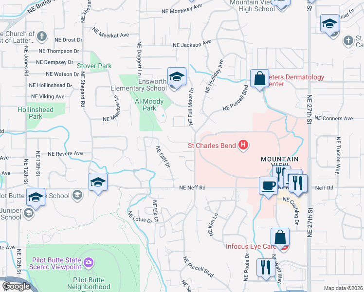 map of restaurants, bars, coffee shops, grocery stores, and more near 1801 Northeast Purcell Boulevard in Bend