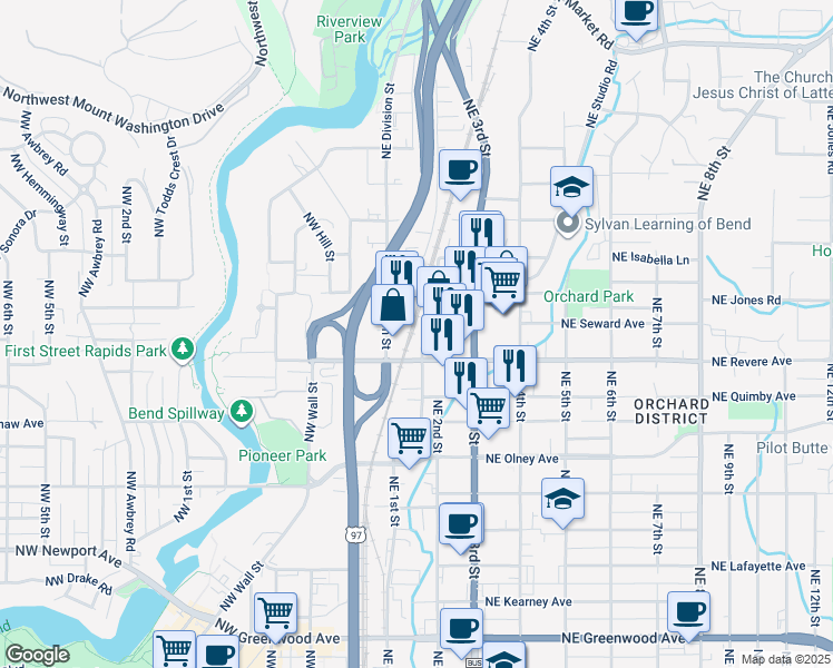 map of restaurants, bars, coffee shops, grocery stores, and more near 1841 Northeast Lytle Street in Bend