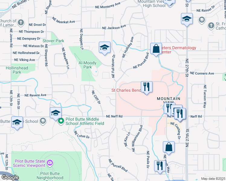 map of restaurants, bars, coffee shops, grocery stores, and more near 1801 Northeast Purcell Boulevard in Bend