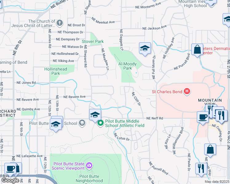 map of restaurants, bars, coffee shops, grocery stores, and more near 1800 Northeast Crestridge Drive in Bend