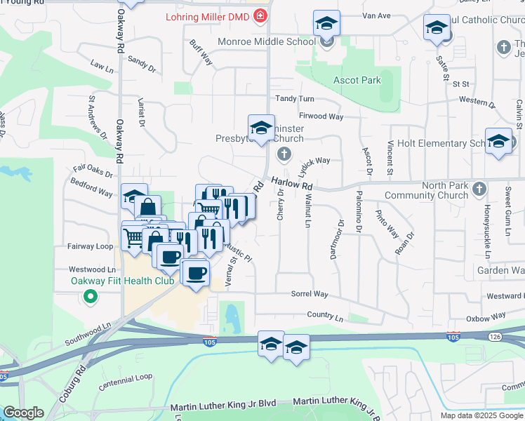 map of restaurants, bars, coffee shops, grocery stores, and more near 599 Coburg Road in Eugene