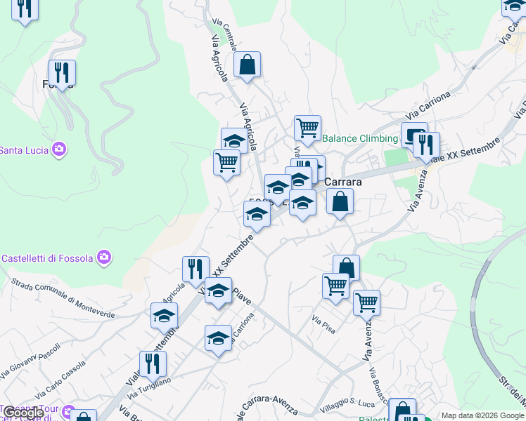 map of restaurants, bars, coffee shops, grocery stores, and more near 78/C Via Agricola in Carrara