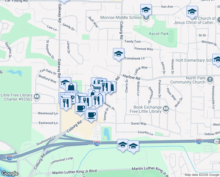 map of restaurants, bars, coffee shops, grocery stores, and more near 577 Coburg Road in Eugene