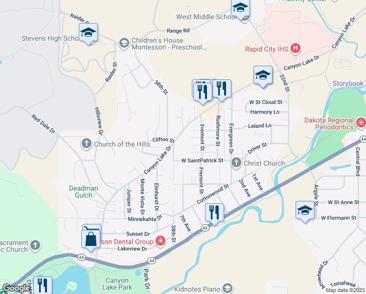 map of restaurants, bars, coffee shops, grocery stores, and more near 3741 Canyon Lake Drive in Rapid City