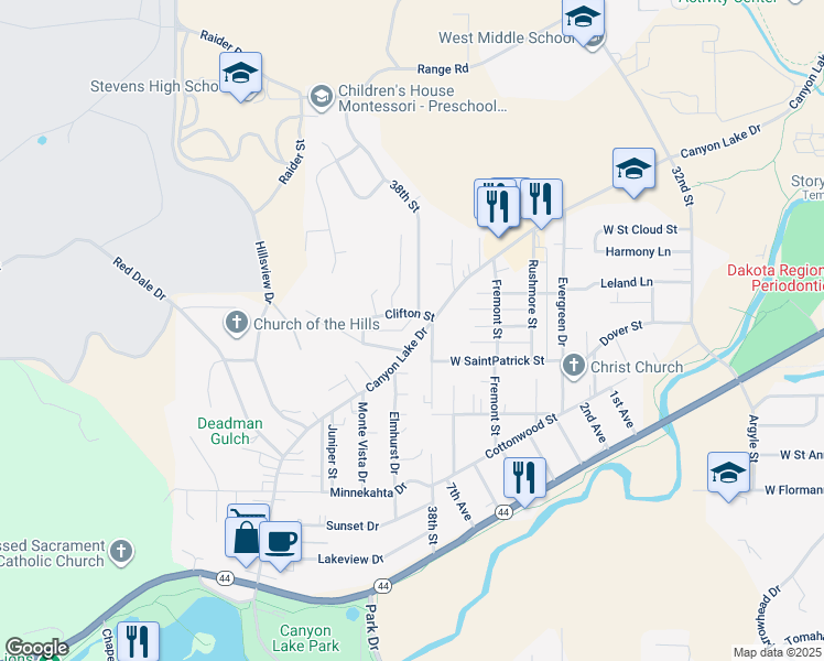 map of restaurants, bars, coffee shops, grocery stores, and more near 3804 Canyon Lake Drive in Rapid City