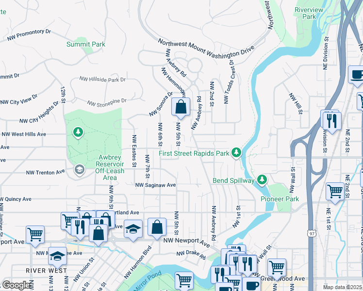 map of restaurants, bars, coffee shops, grocery stores, and more near 2214 Northwest 5th Street in Bend