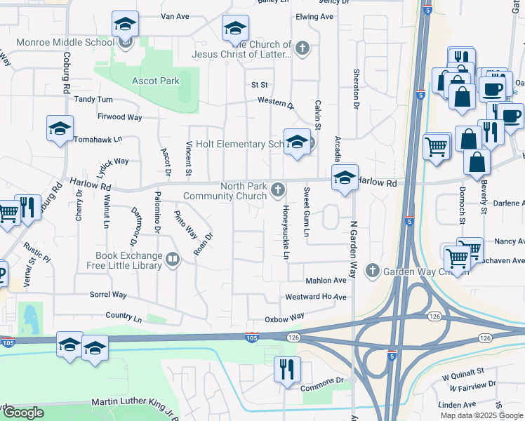 map of restaurants, bars, coffee shops, grocery stores, and more near 554 Fenster Street in Eugene