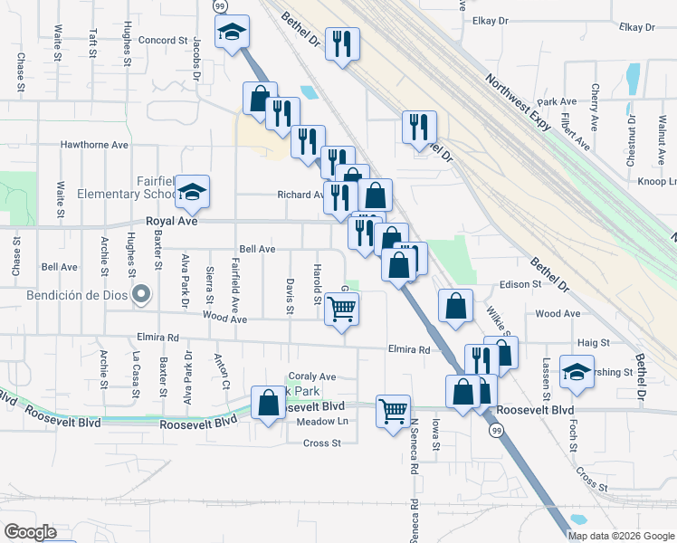 map of restaurants, bars, coffee shops, grocery stores, and more near 650 Gilbert Street in Eugene