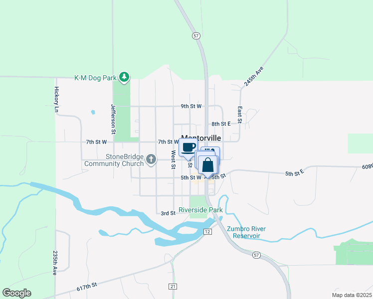 map of restaurants, bars, coffee shops, grocery stores, and more near 605 Clay Street in Mantorville