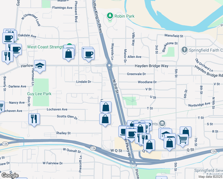 map of restaurants, bars, coffee shops, grocery stores, and more near 110 Prasad Ct in Springfield