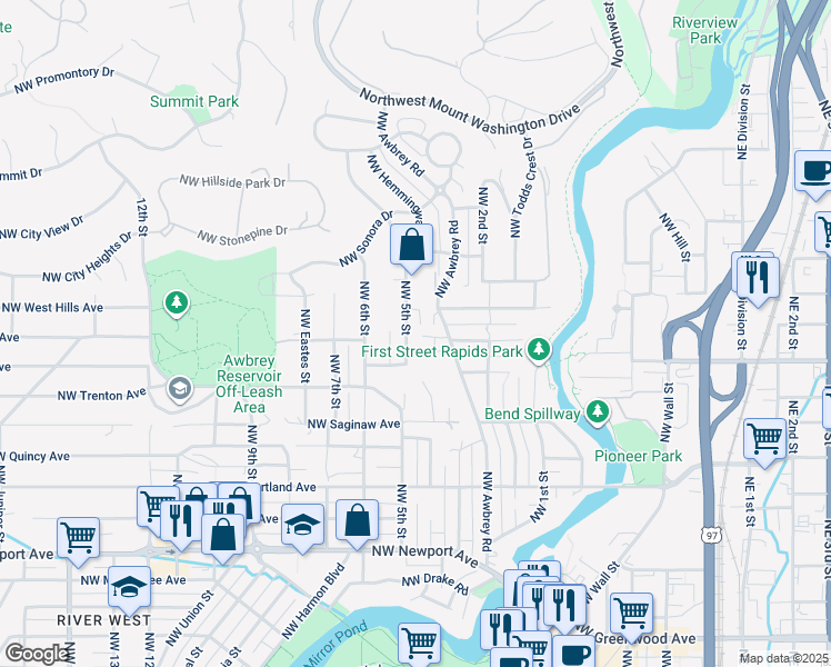 map of restaurants, bars, coffee shops, grocery stores, and more near 2214 Northwest 5th Street in Bend