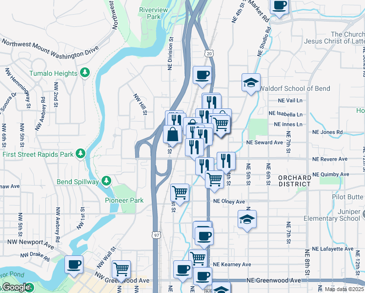 map of restaurants, bars, coffee shops, grocery stores, and more near 1841 Northeast Lytle Street in Bend