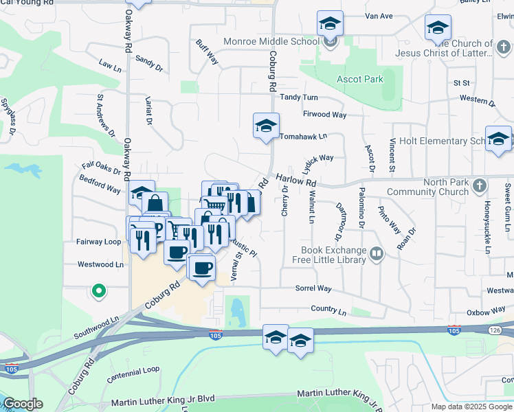 map of restaurants, bars, coffee shops, grocery stores, and more near 577 Coburg Road in Eugene