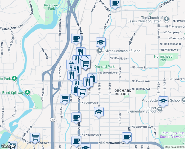 map of restaurants, bars, coffee shops, grocery stores, and more near 405 Northeast Seward Avenue in Bend