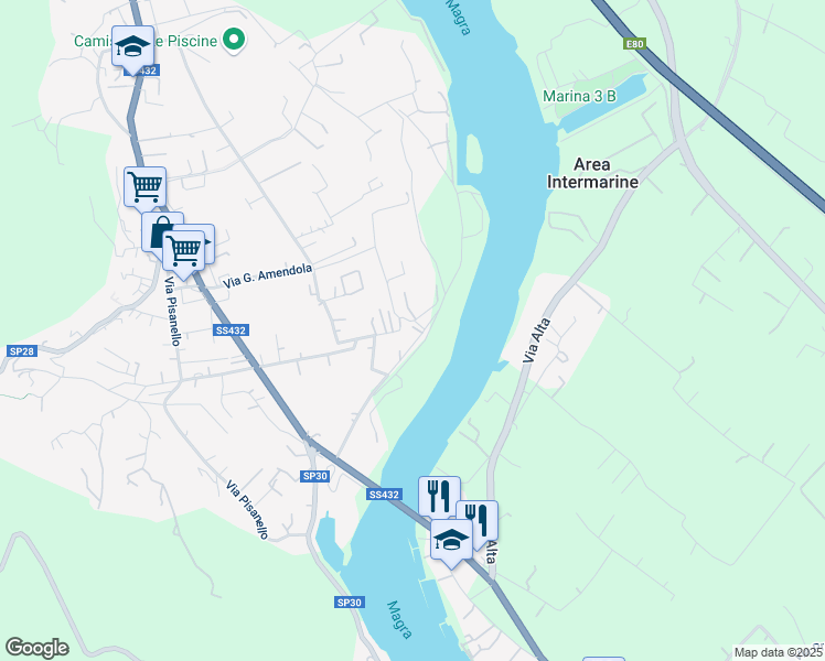 map of restaurants, bars, coffee shops, grocery stores, and more near 25 Via Alessandro Manzoni in Ameglia
