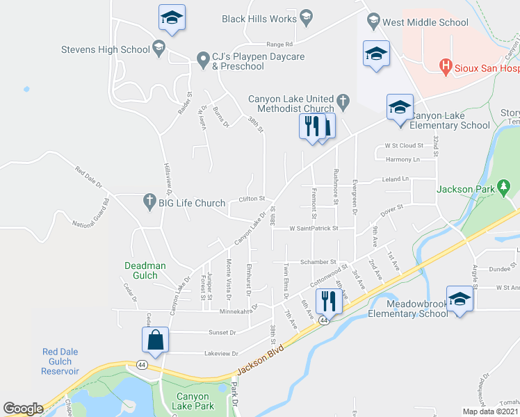 map of restaurants, bars, coffee shops, grocery stores, and more near 3812 Canyon Lake Drive in Rapid City
