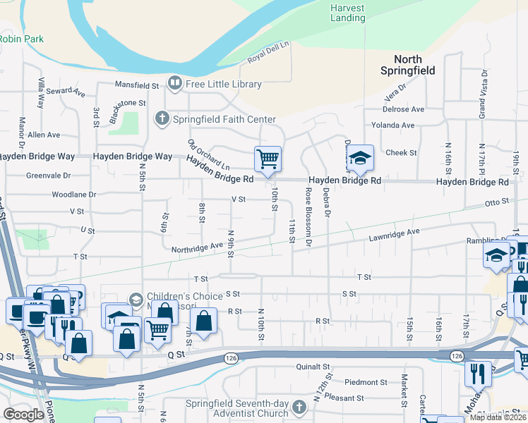 map of restaurants, bars, coffee shops, grocery stores, and more near 2346 10th Street in Springfield